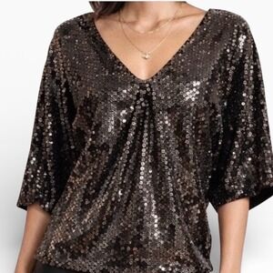 LaRok Shimmering V-Neck Bat Wing Gunmetal Black Sequin Blouse Party Vibes Large